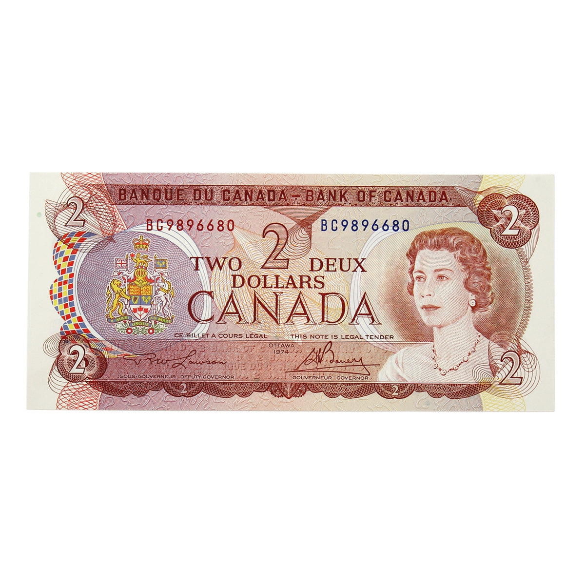 BC-47a 1974 Canada $2 Lawson-Bouey, BC, Modified Tint, AU-UNC (AU55)