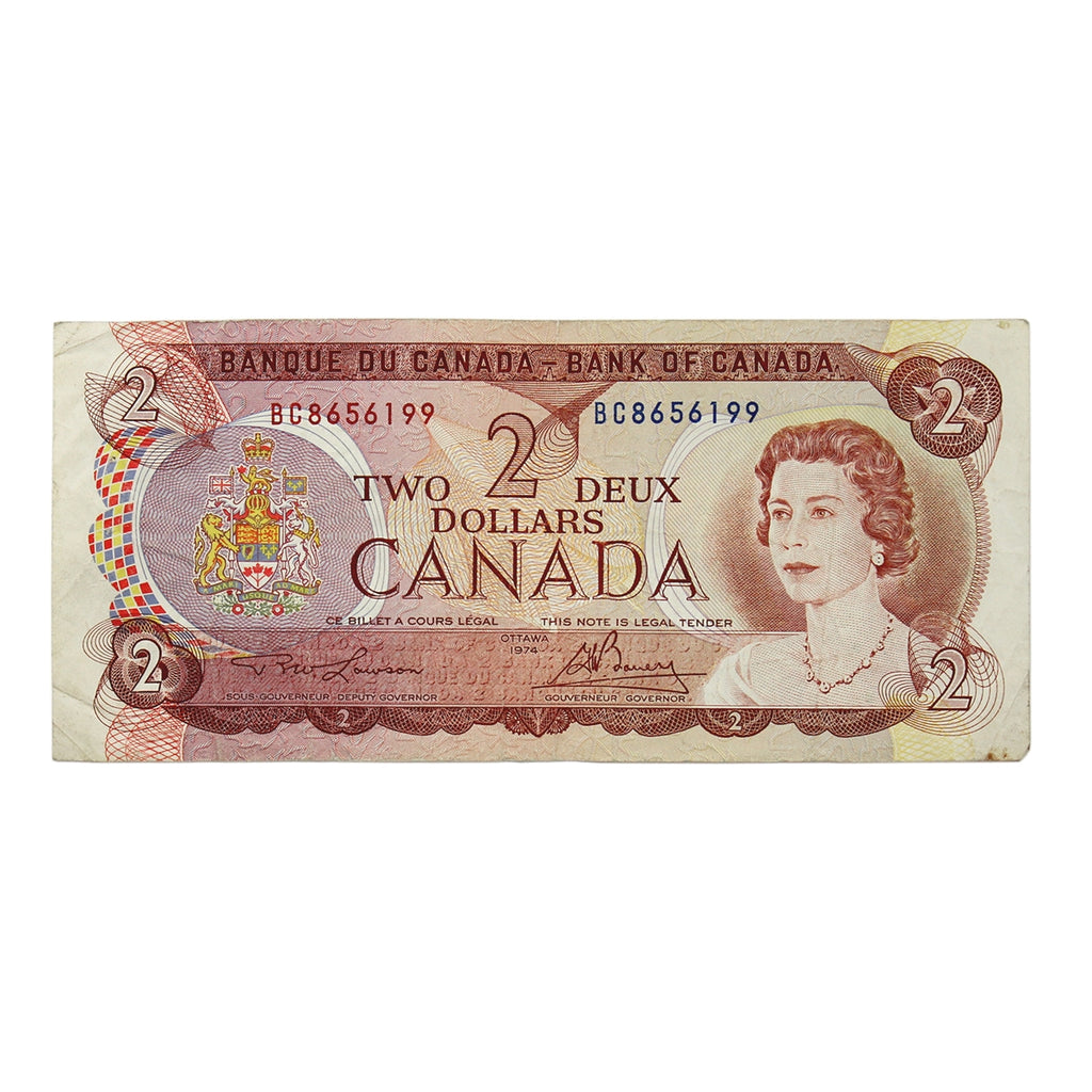 BC-47a 1974 Canada $2 Lawson-Bouey, BC, Modified Tint, CIRC