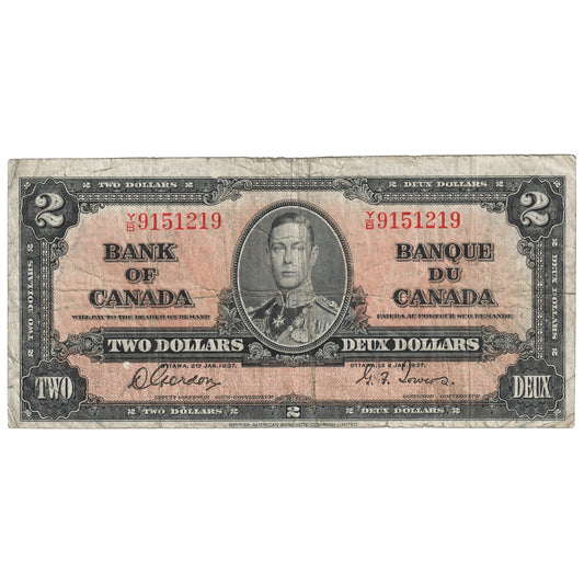 BC-22b 1937 Canada $2 Gordon-Towers, Y/B, VG
