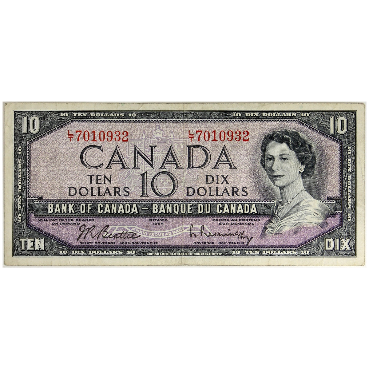 BC-40b 1954 Canada $10 Beattie-Rasminsky, L/T, F-VF (F15)