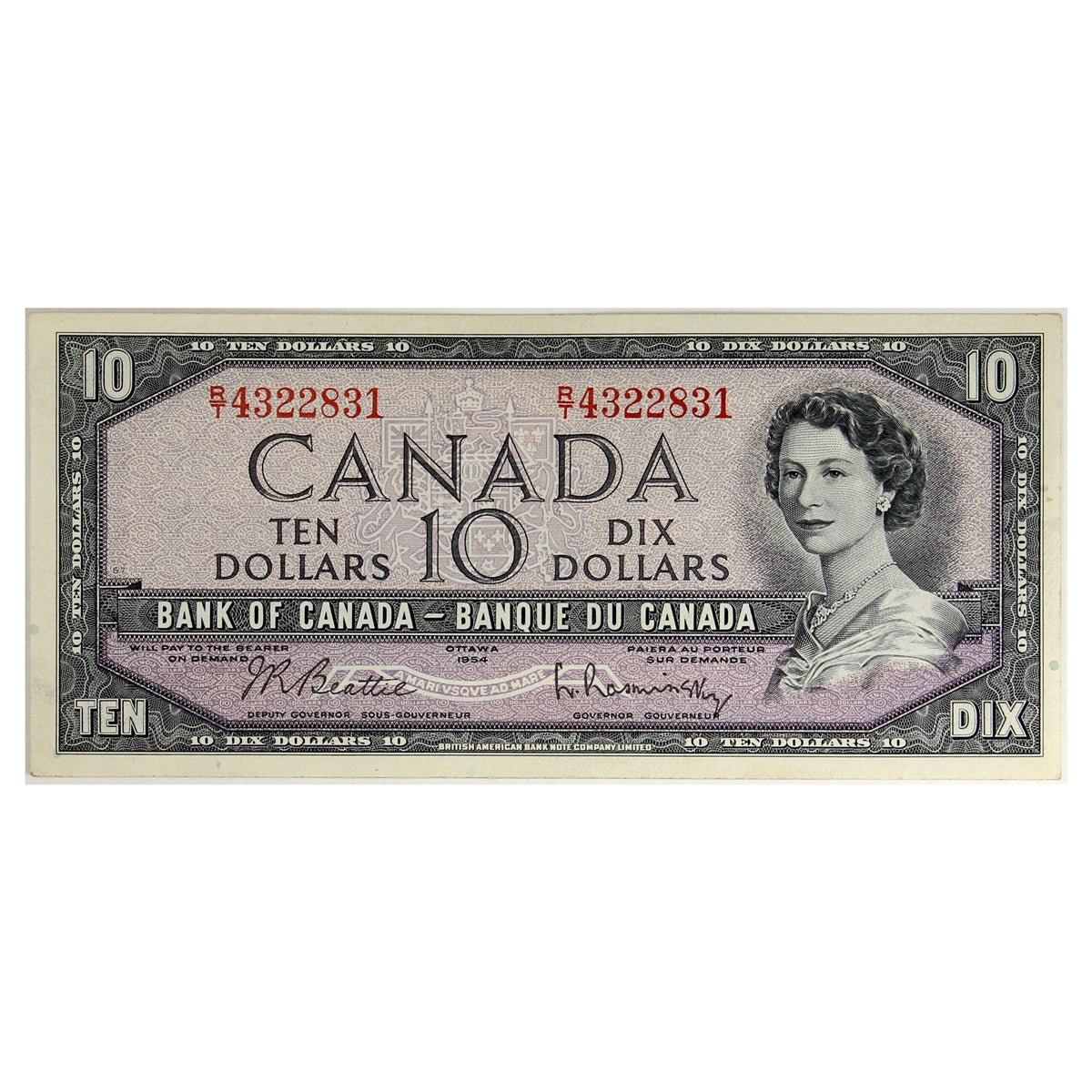 BC-40b 1954 Canada $10 Beattie-Rasminsky, R/T, AU-UNC (AU55)