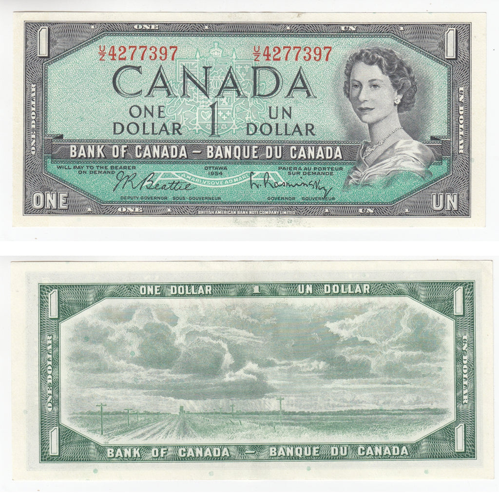 BC-37b-i 1954 Canada $1 Beattie-Rasminsky, U/Z, Almost Uncirculated (AU50)