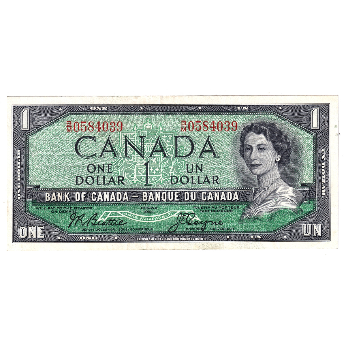BC-37a-i 1954 Canada $1 Beattie-Coyne, B/M, EF-AU (EF45)