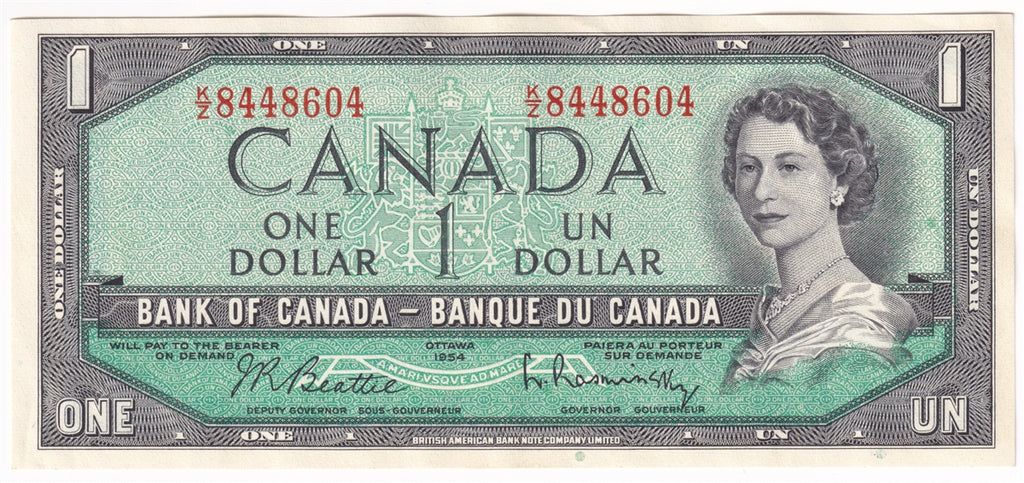 BC-37b-i 1954 Canada $1 Beattie-Rasminsky, K/Z, Almost Uncirculated (AU50)