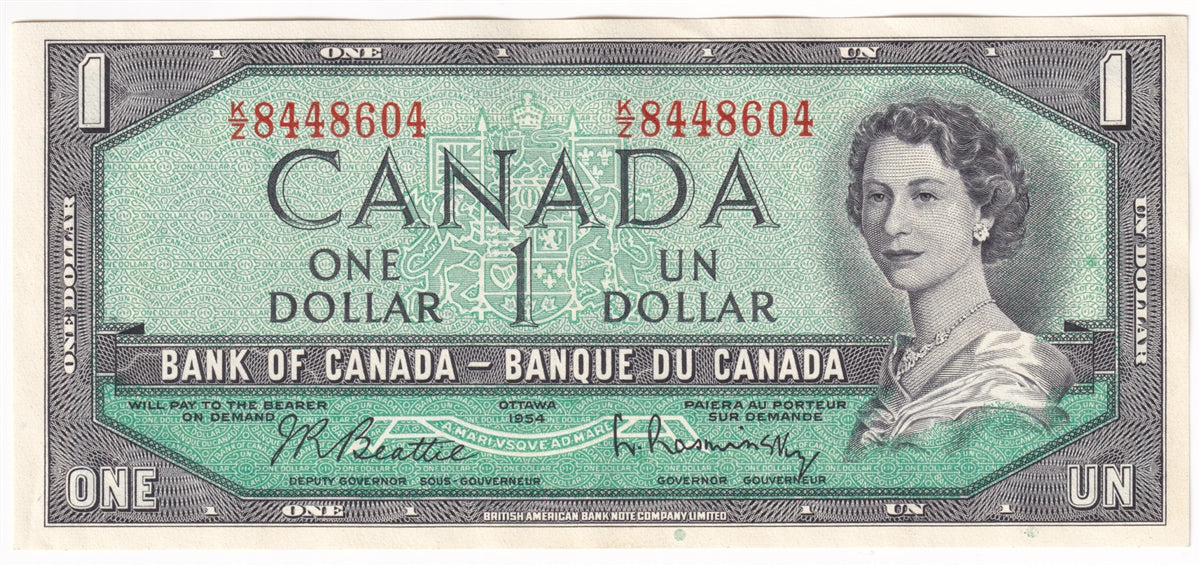 BC-37b-i 1954 Canada $1 Beattie-Rasminsky, K/Z, Almost Uncirculated (AU50)