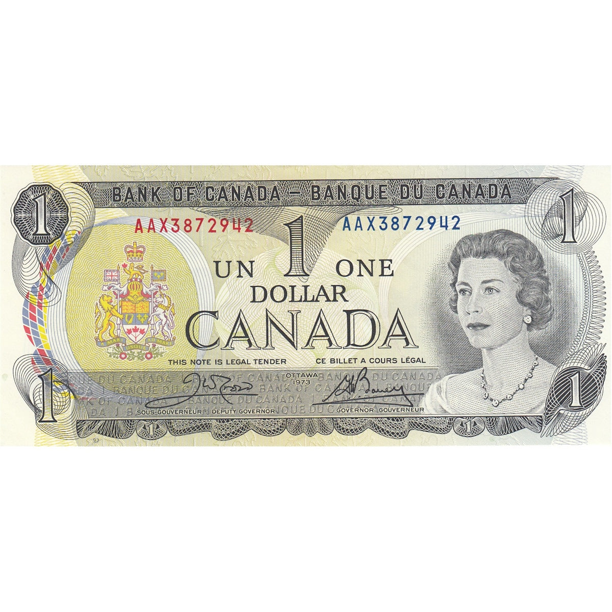 BC-46bA 1973 Canada $1 Crow-Bouey, AAX, Almost Uncirculated (AU50)