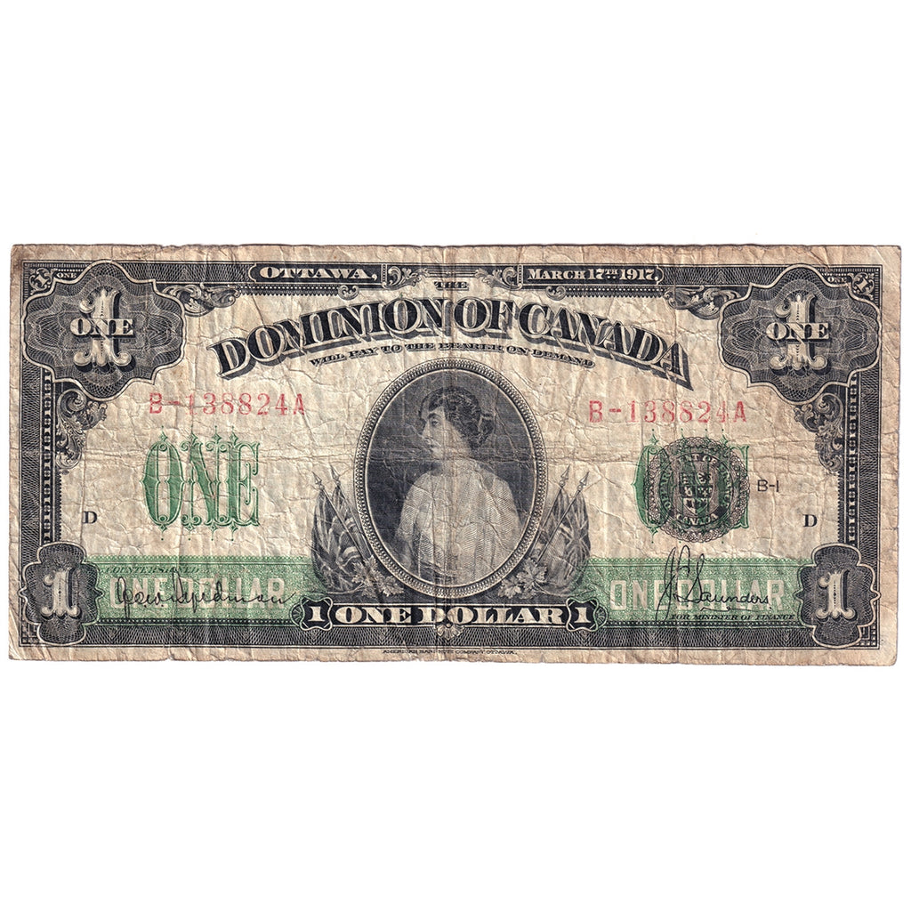 DC-23c 1917 Dominion $1 Hyndman-Saunders, Seal Over ONE, Series B, Very Good (VG8)