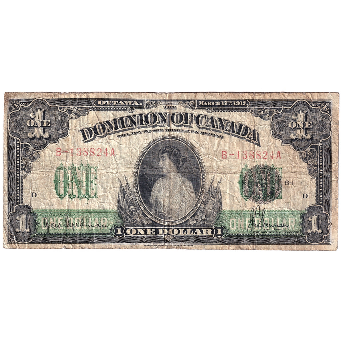 DC-23c 1917 Dominion $1 Hyndman-Saunders, Seal Over ONE, Series B, Very Good (VG8)