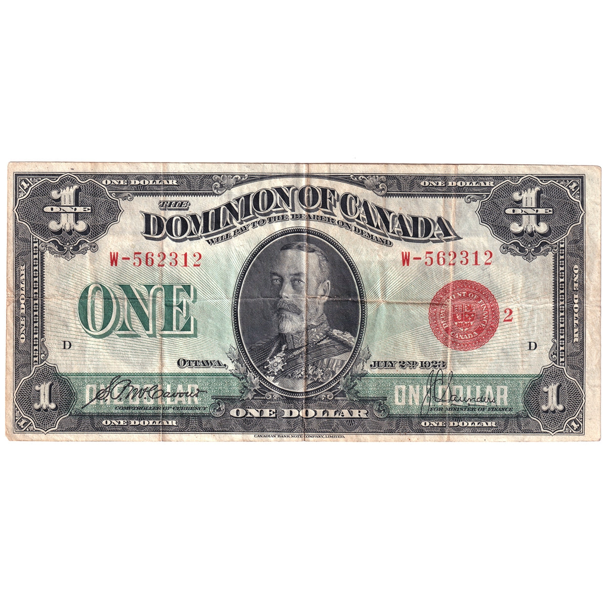 DC-25g 1923 Dominion $1 McCavour-Saunders, Red Seal, Group 2, VF-EF
