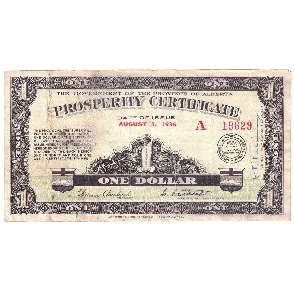 A-1 1936 Government of Alberta $1 Prosperity Certificate, Very Fine (VF20)