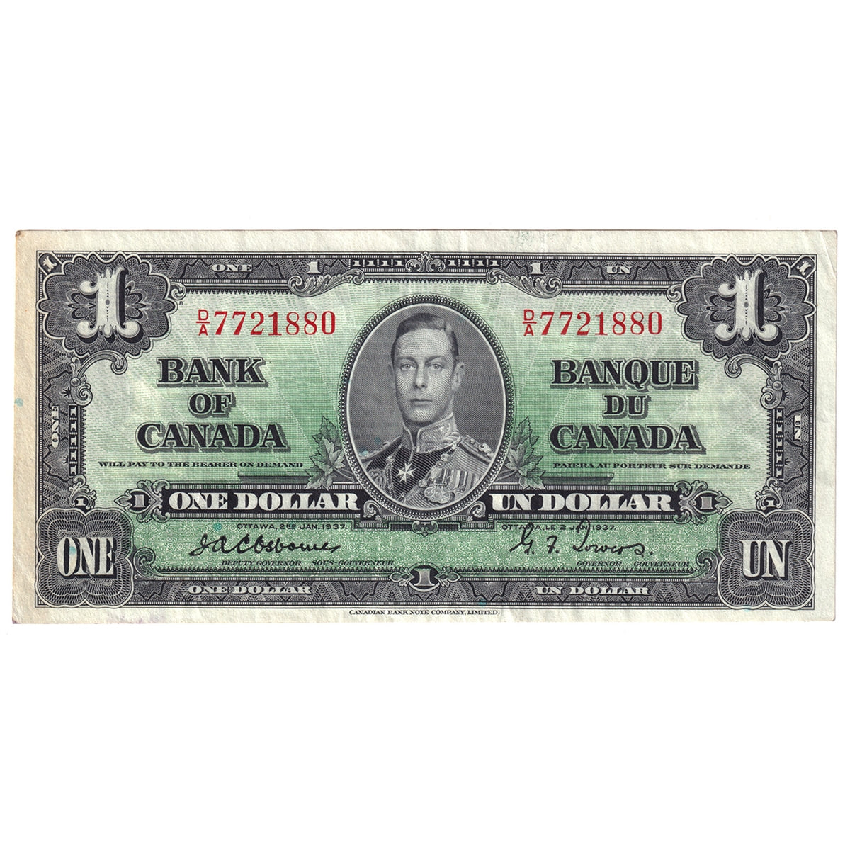BC-21a 1937 Canada $1 Osborne-Towers, D/A, Extra Fine (EF40)