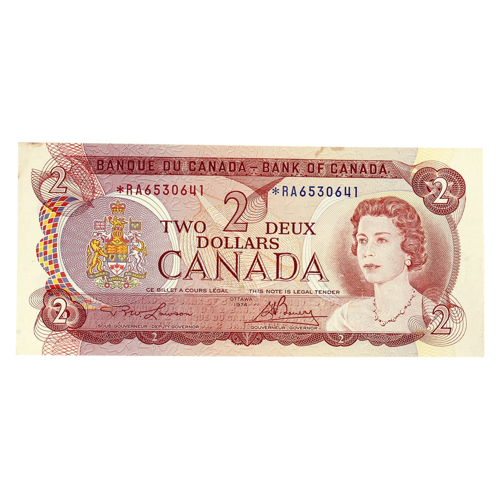 BC-47aA 1974 Canada $2 Lawson-Bouey, *RA, Almost Uncirculated (AU50)