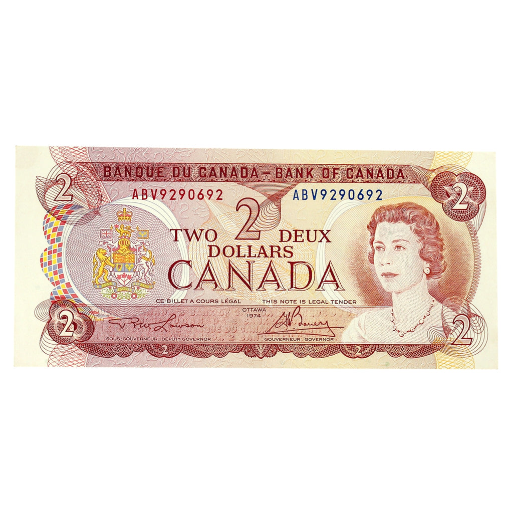 BC-47a-i 1974 Canada $2 Lawson-Bouey, ABV, Almost Uncirculated (AU50)