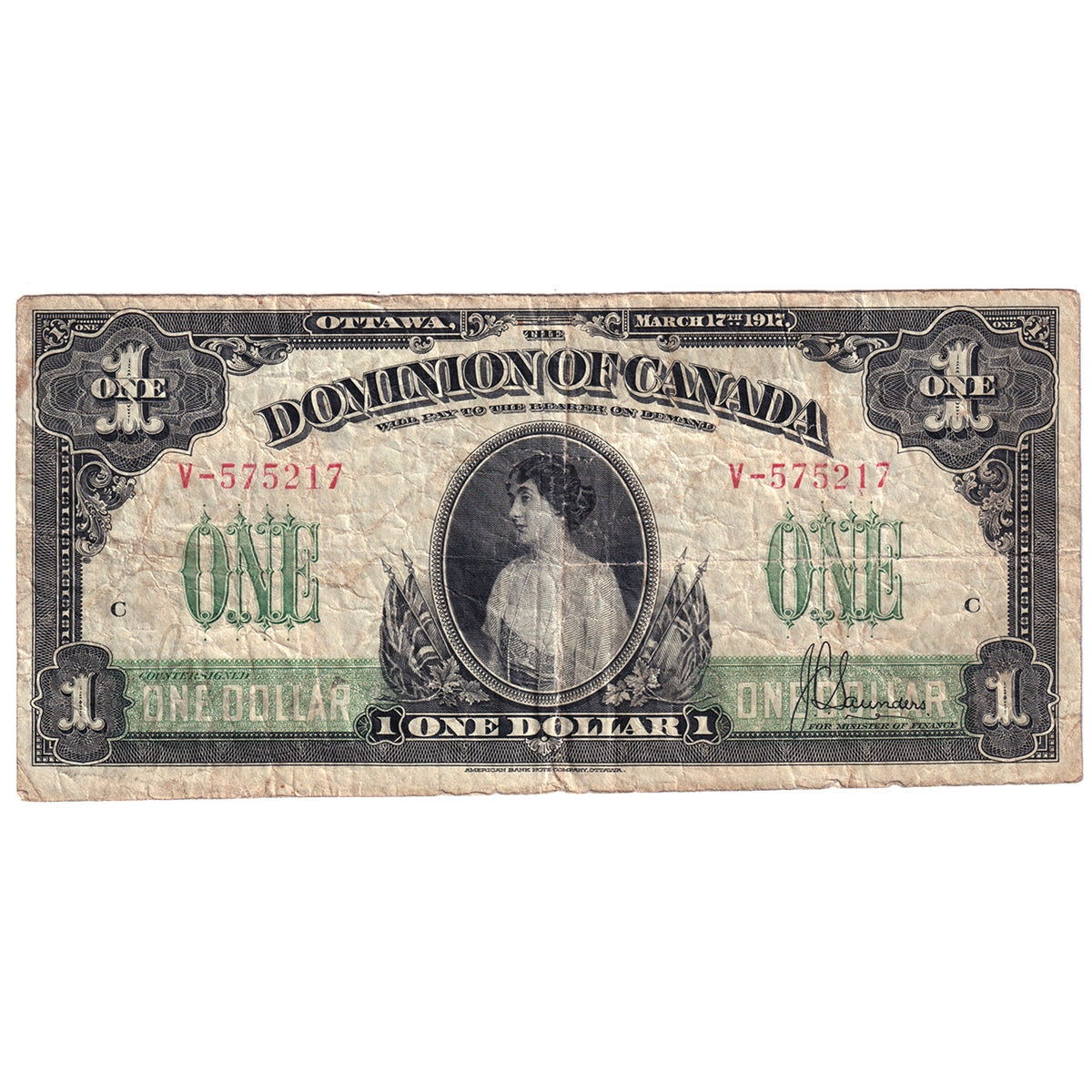 DC-23b 1917 Dominion $1 Various-Saunders, No Seal Series V, Fine (F12)