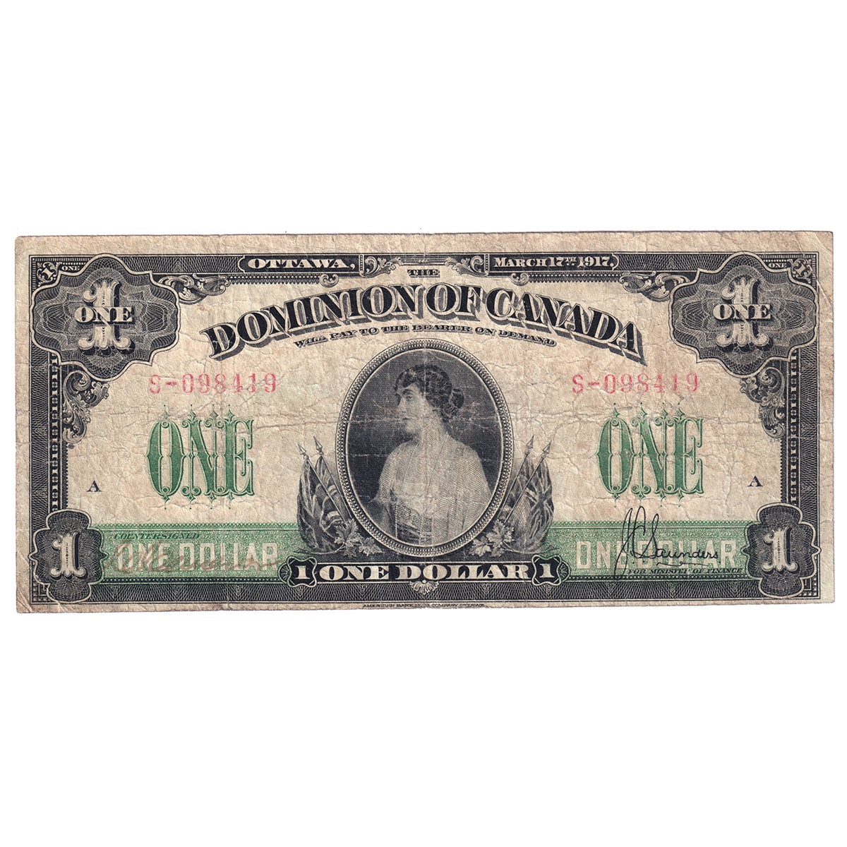 DC-23b 1917 Dominion $1 Various-Saunders, No Seal, Series S, Very Good (VG8)