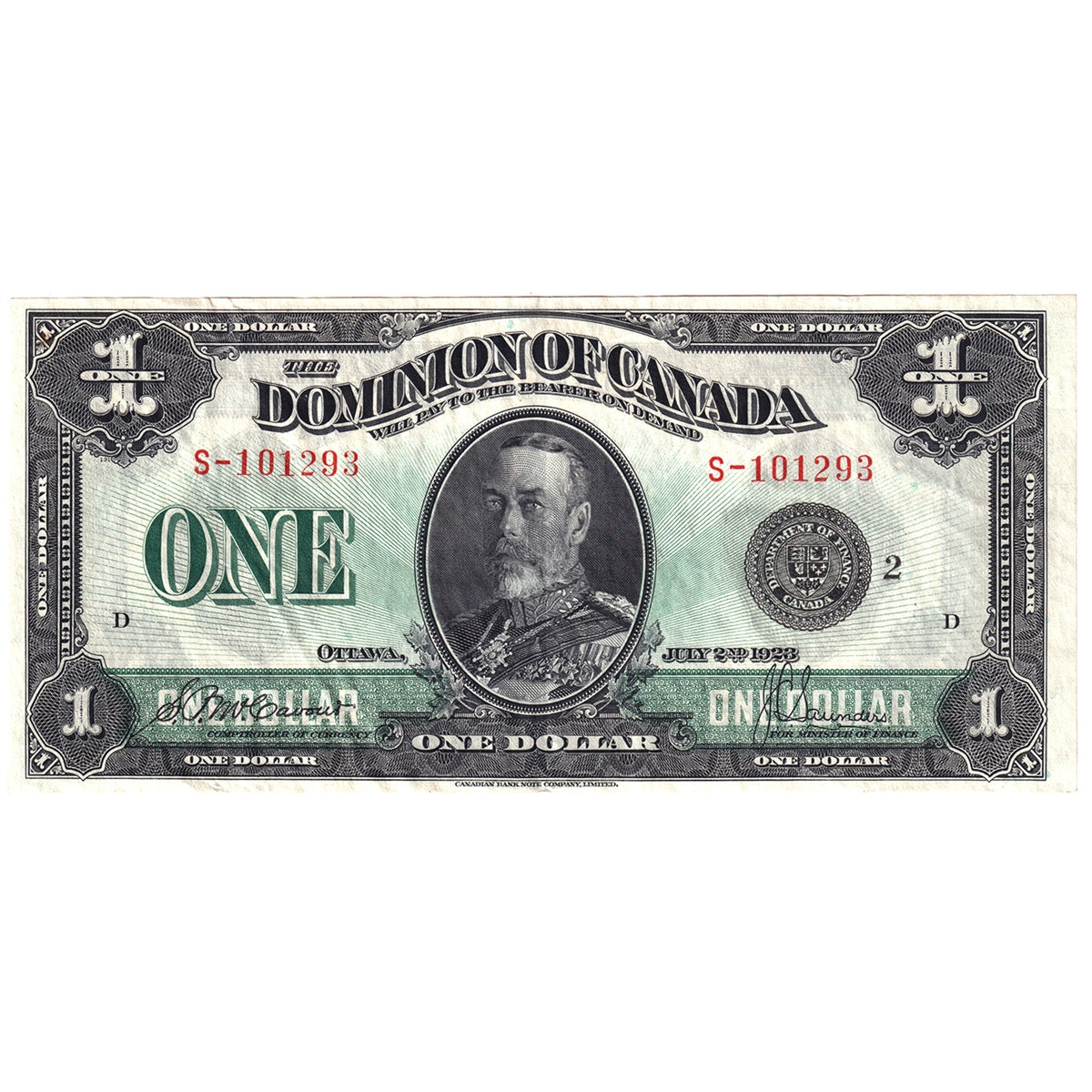 DC-25f 1923 Dominion $1 McCavour-Saunders, Black Seal, Group 2, Series S, Extra Fine (EF40)