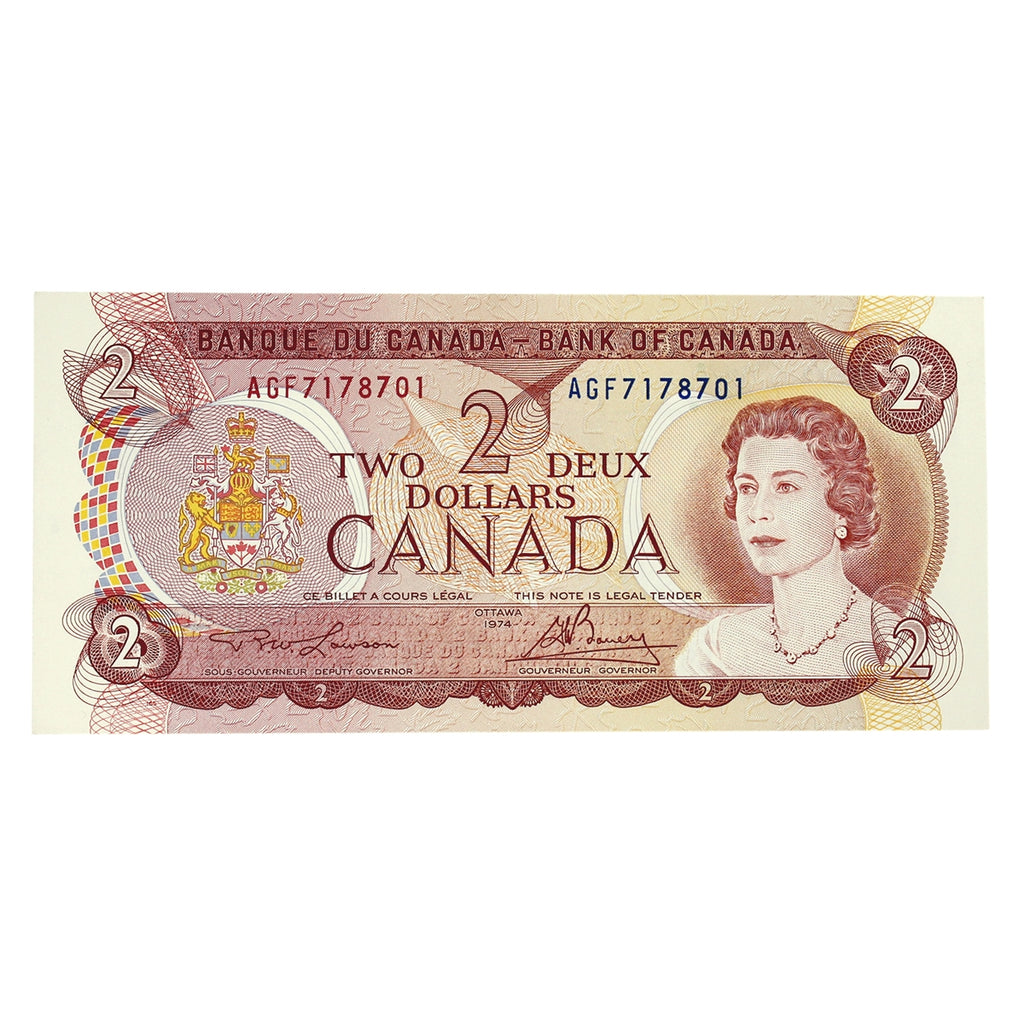BC-47a-i 1974 Canada $2 Lawson-Bouey, AGF, Almost Uncirculated (AU50)