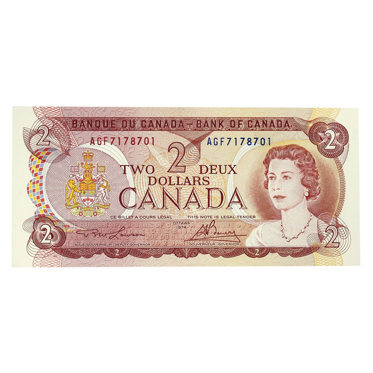 BC-47a-i 1974 Canada $2 Lawson-Bouey, AGF, Almost Uncirculated (AU50)