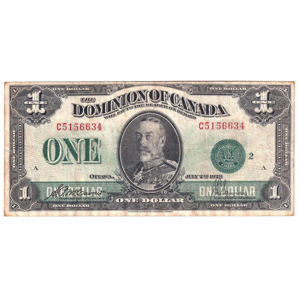 DC-25j 1923 Dominion $1 McCavour-Saunders, Green Seal, Group 2, Very Fine (VF20)