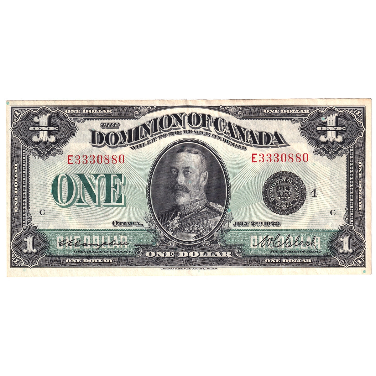 DC-25o 1923 Dominion $1 Campbell-Clark, Black Seal, Group 4, Series E, Extra Fine (EF40)