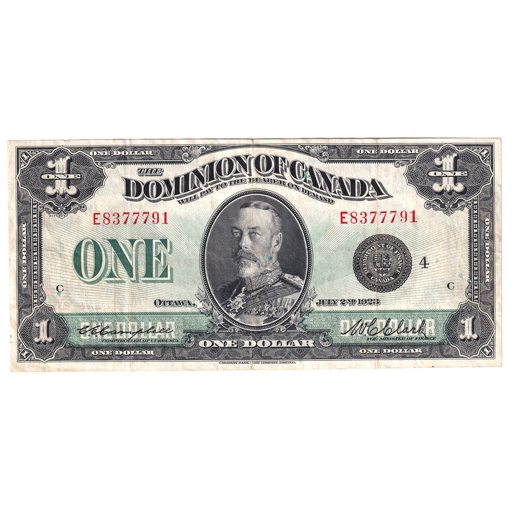 DC-25o 1923 Dominion $1 Campbell-Clark, Black Seal, Group 4, Series E, VF-EF (VF30)