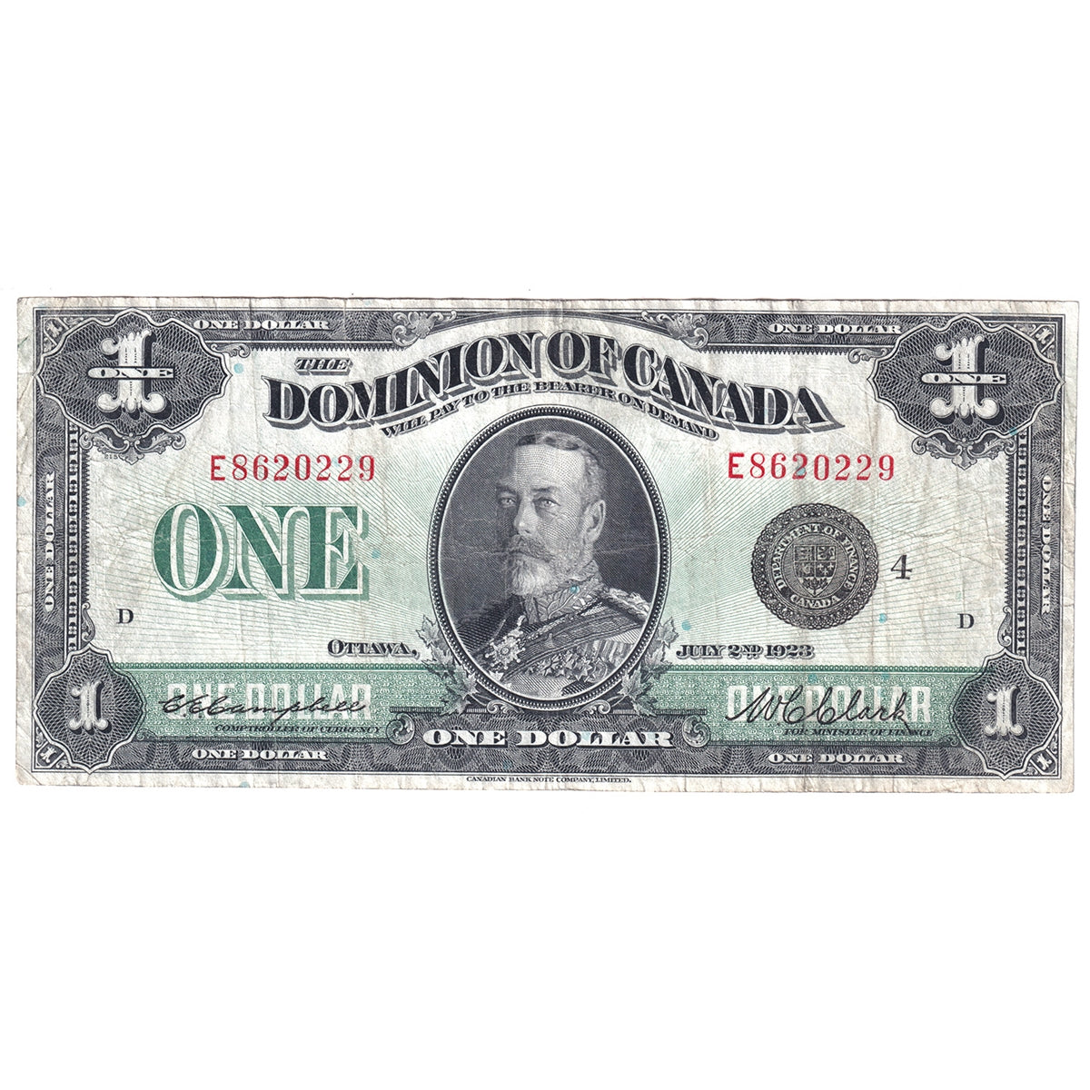 DC-25o 1923 Dominion $1 Campbell-Clark, Black Seal 4, F-VF