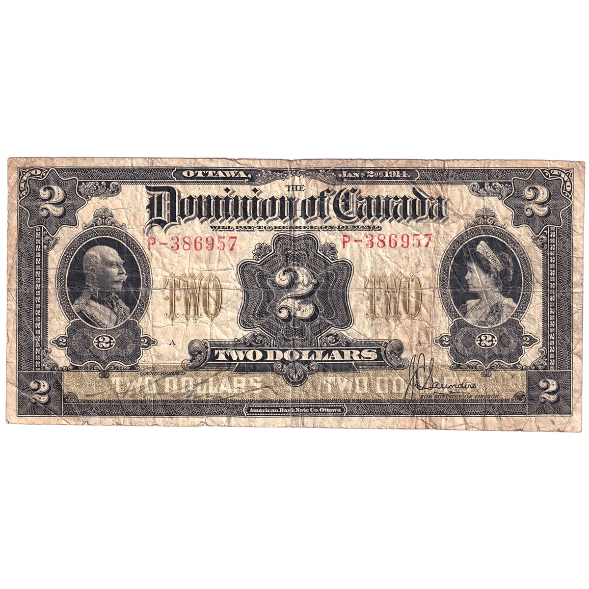 DC-22c 1914 Dominion $2 Various-Saunders, No Seal, Fine (F12)