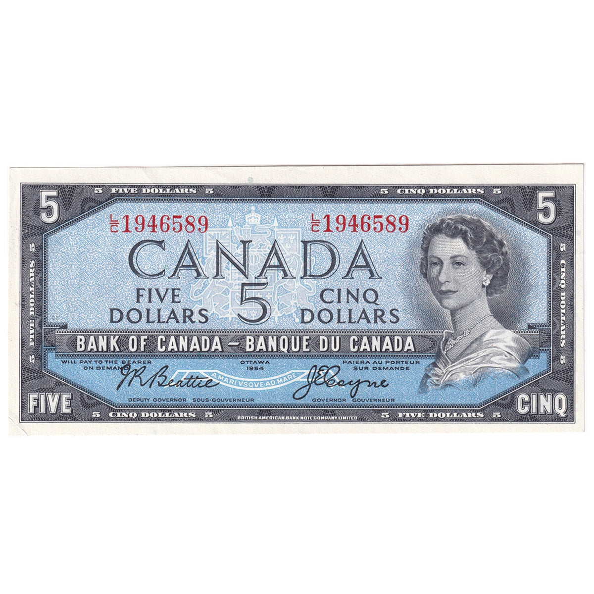 BC-39a 1954 Canada $5 Beattie-Coyne, L/C, Almost Uncirculated (AU50)