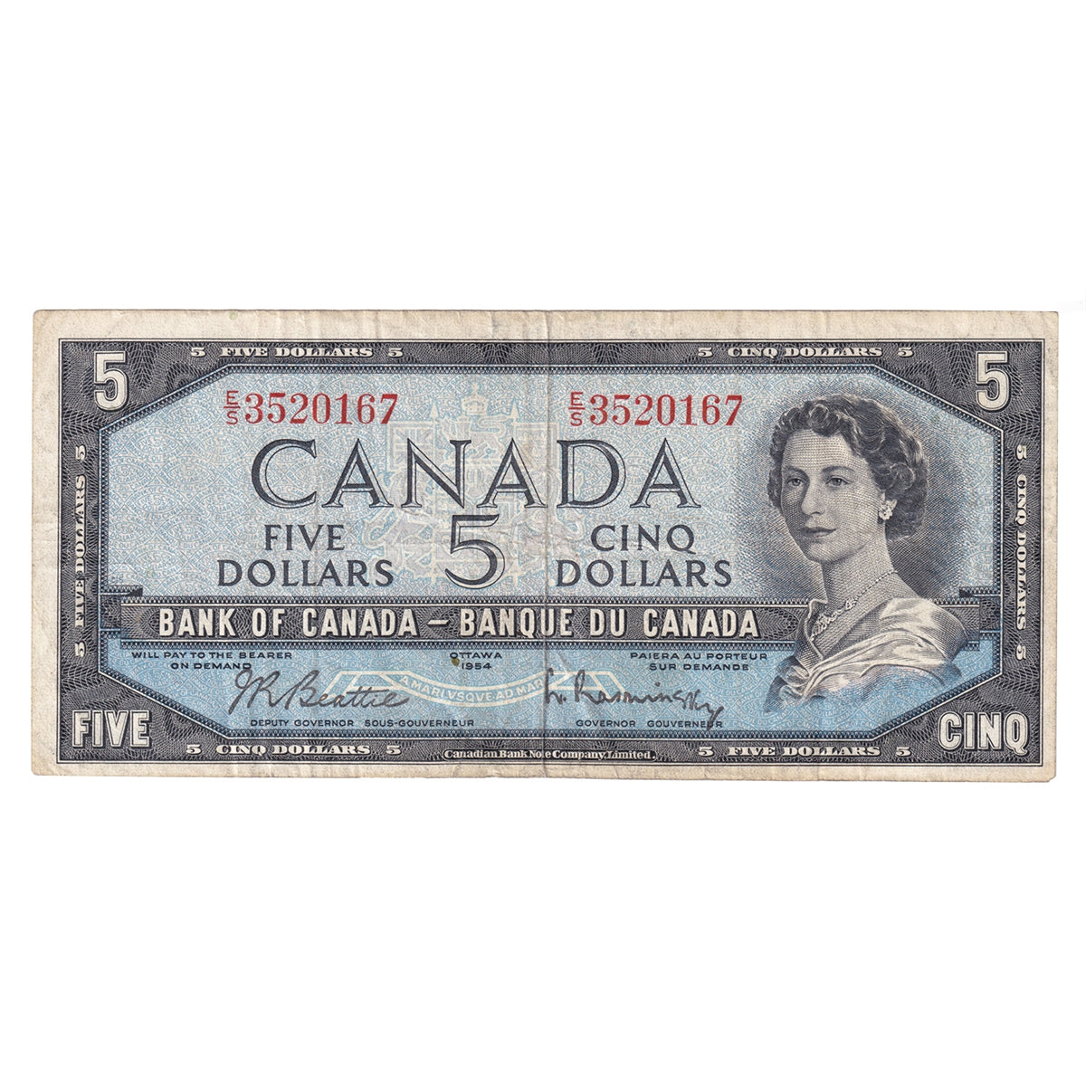 BC-39b 1954 Canada $5 Beattie-Rasminsky, E/S, Fine (F12)