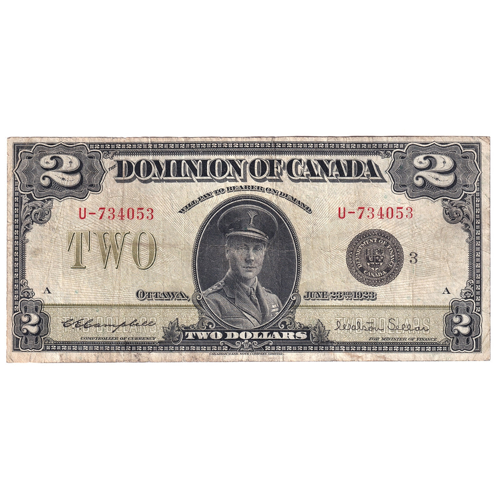 DC-26j 1923 Dominion $2 Campbell-Sellar, Black Seal, Group 3, Series U, F-VF (F15)