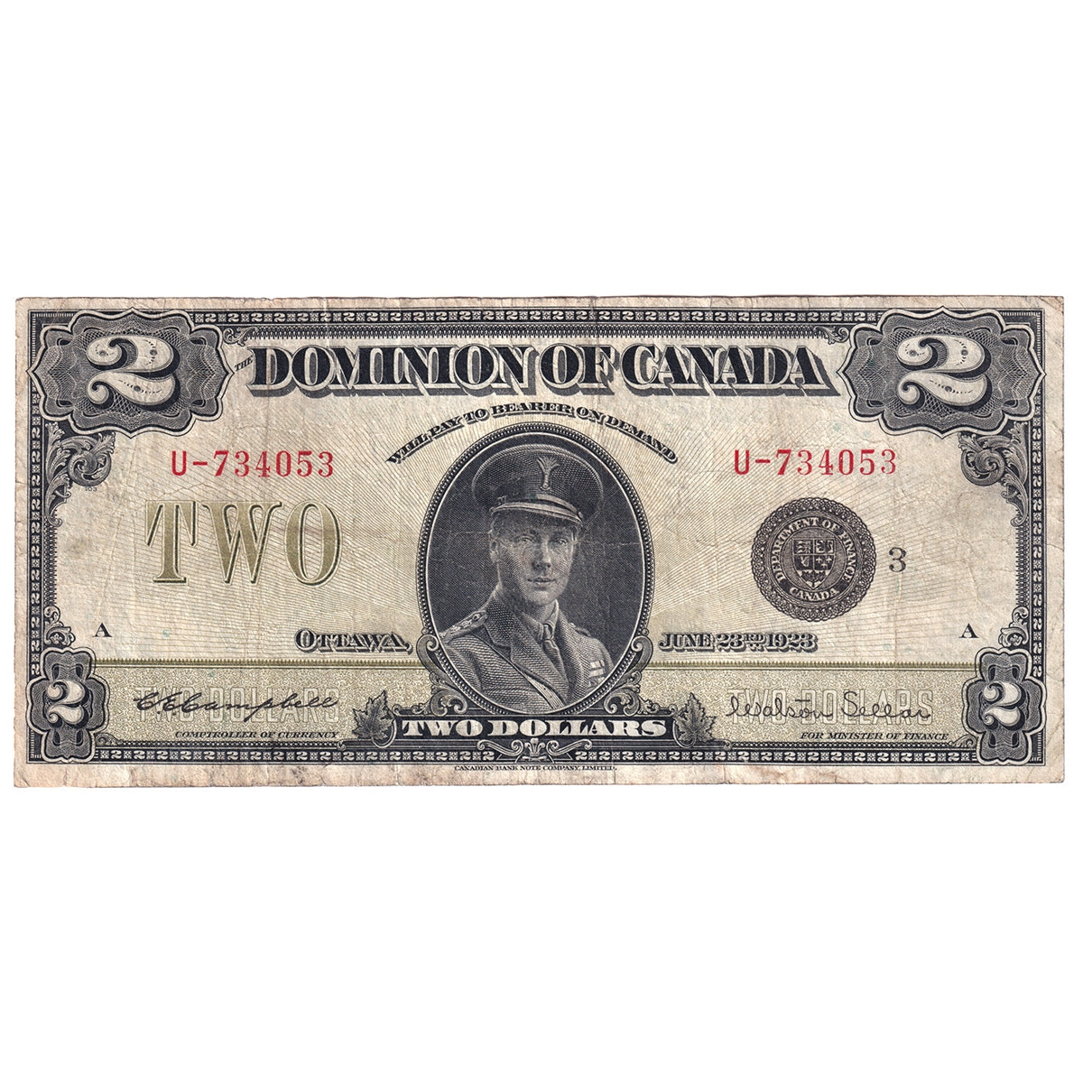 DC-26j 1923 Dominion $2 Campbell-Sellar, Black Seal, Group 3, Series U, F-VF (F15)