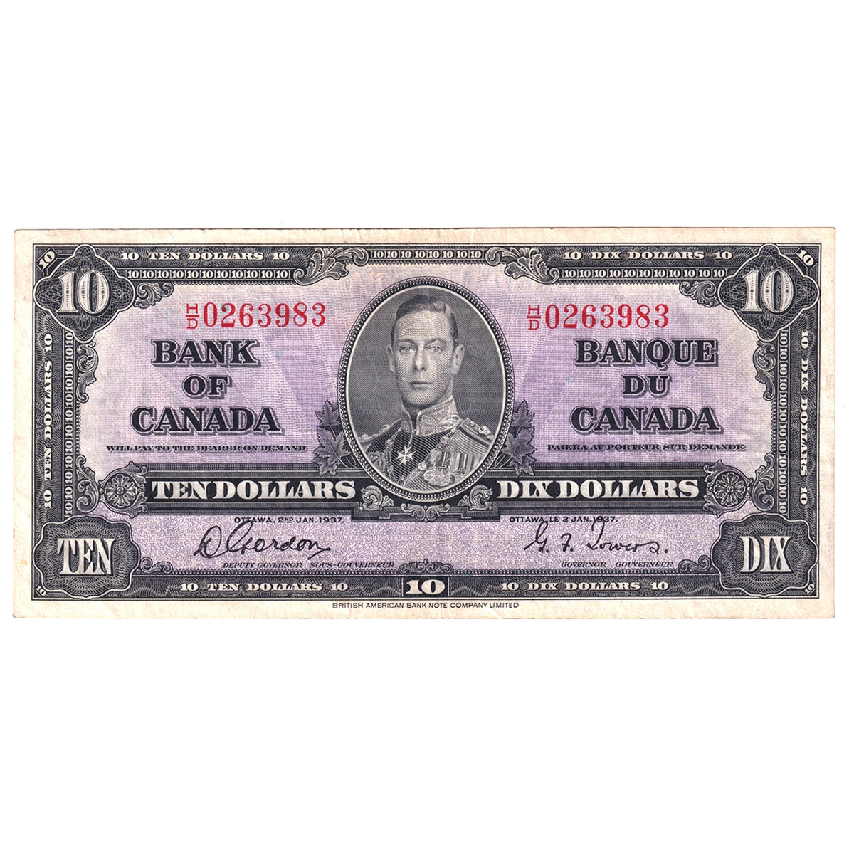 BC-24b 1937 Canada $10 Gordon-Towers, H/D, Extra Fine (EF40)