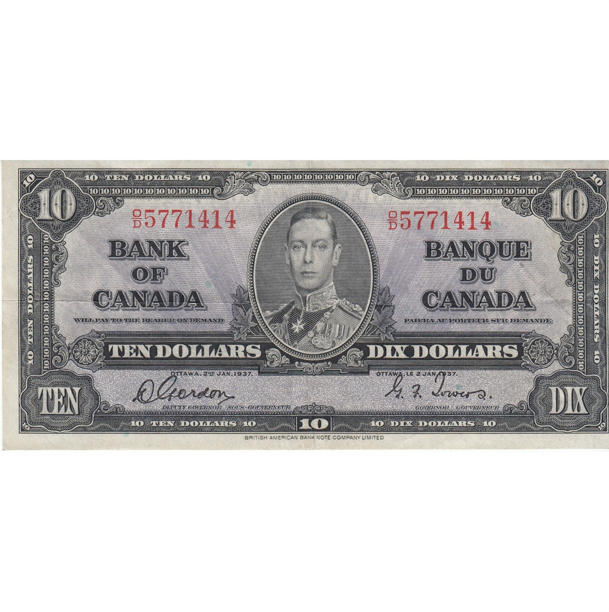 BC-24b 1937 Canada $10 Gordon-Towers, O/D, EF