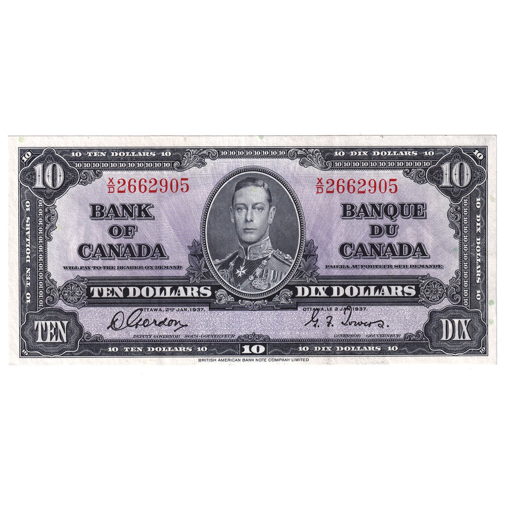 BC-24b 1937 Canada $10 Gordon-Towers, X/D, Extra Fine (EF40)