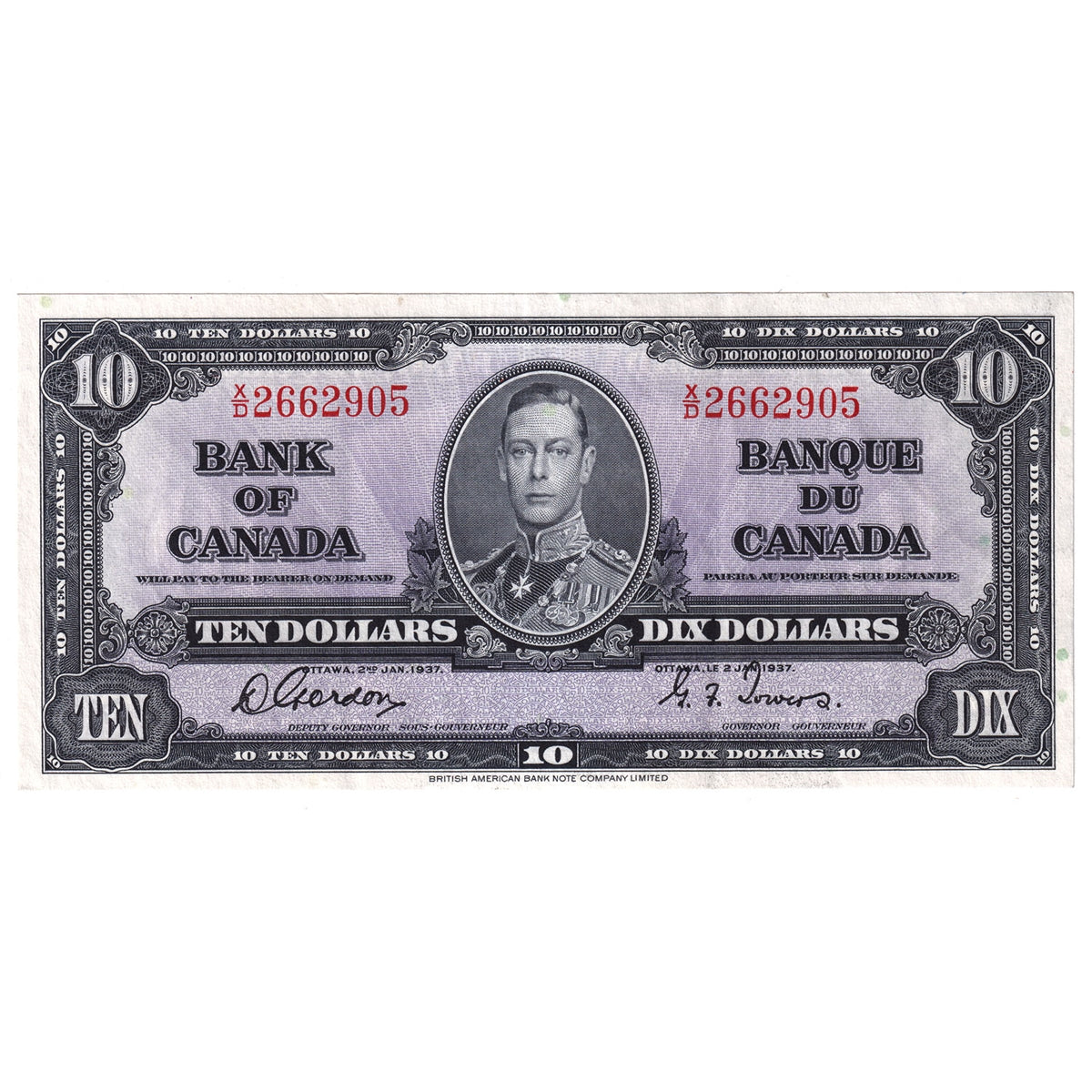 BC-24b 1937 Canada $10 Gordon-Towers, X/D, Extra Fine (EF40)