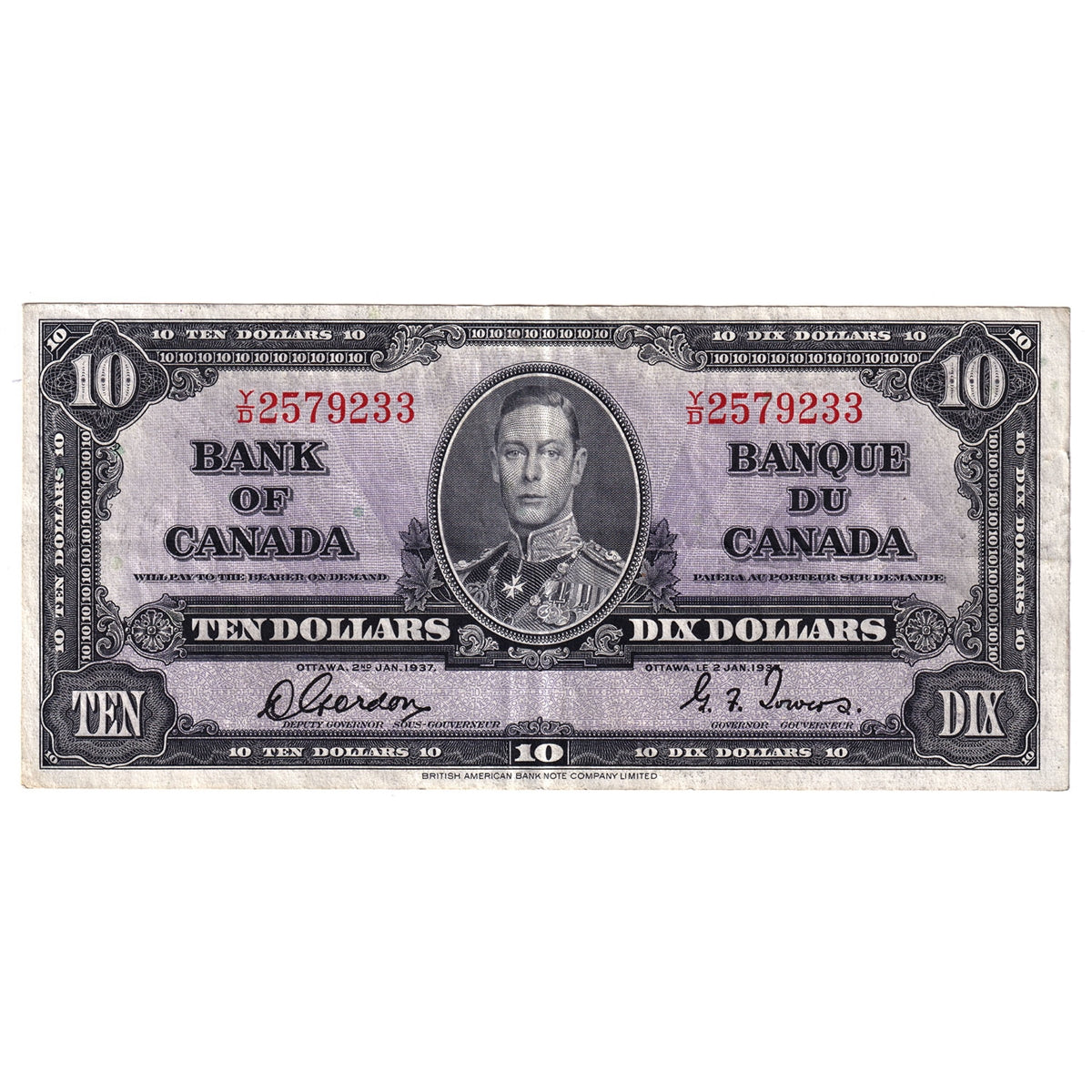 BC-24b 1937 Canada $10 Gordon-Towers, Y/D, Extra Fine (EF40)