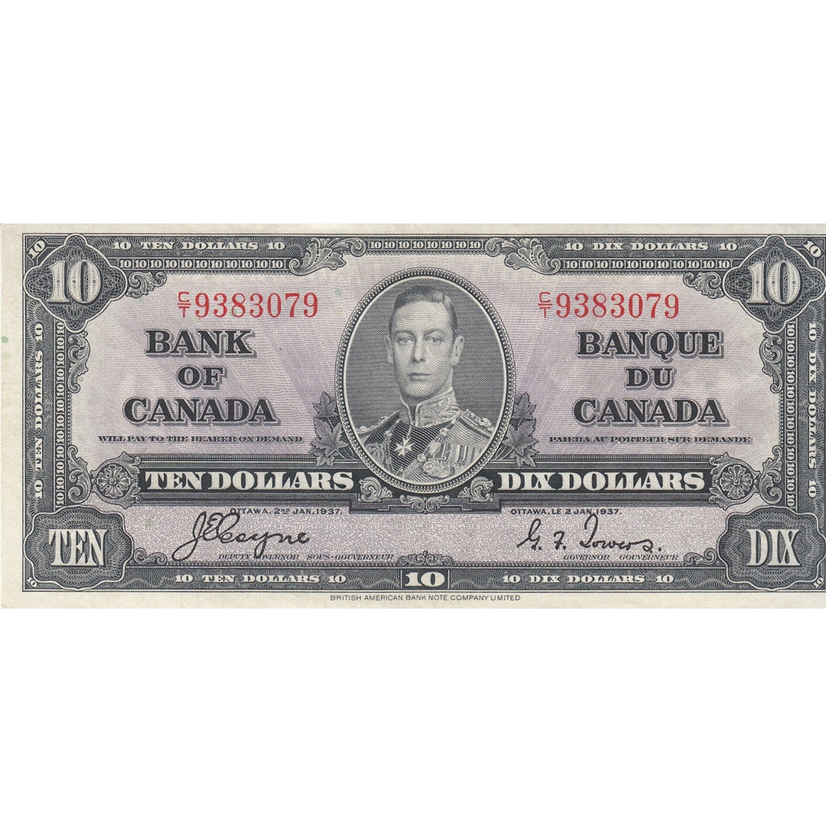 BC-24c 1937 Canada $10 Coyne-Towers, C/T, Extra Fine (EF40)
