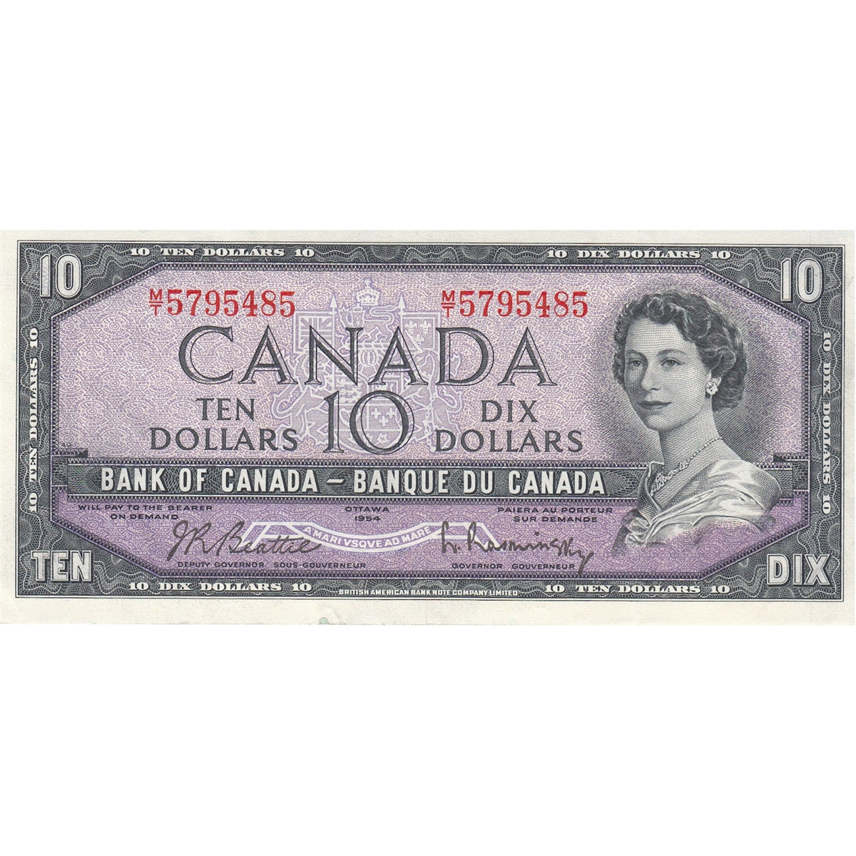 BC-40b 1954 Canada $10 Beattie-Rasminsky, M/T, VF-EF (VF30)