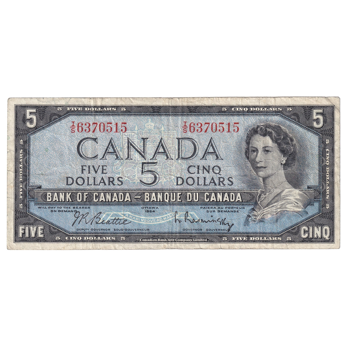 BC-39b 1954 Canada $5 Beattie-Rasminsky, I/S, Fine (F12)