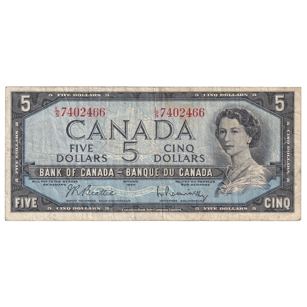 BC-39b 1954 Canada $5 Beattie-Rasminsky, L/S, F-VF (F15)