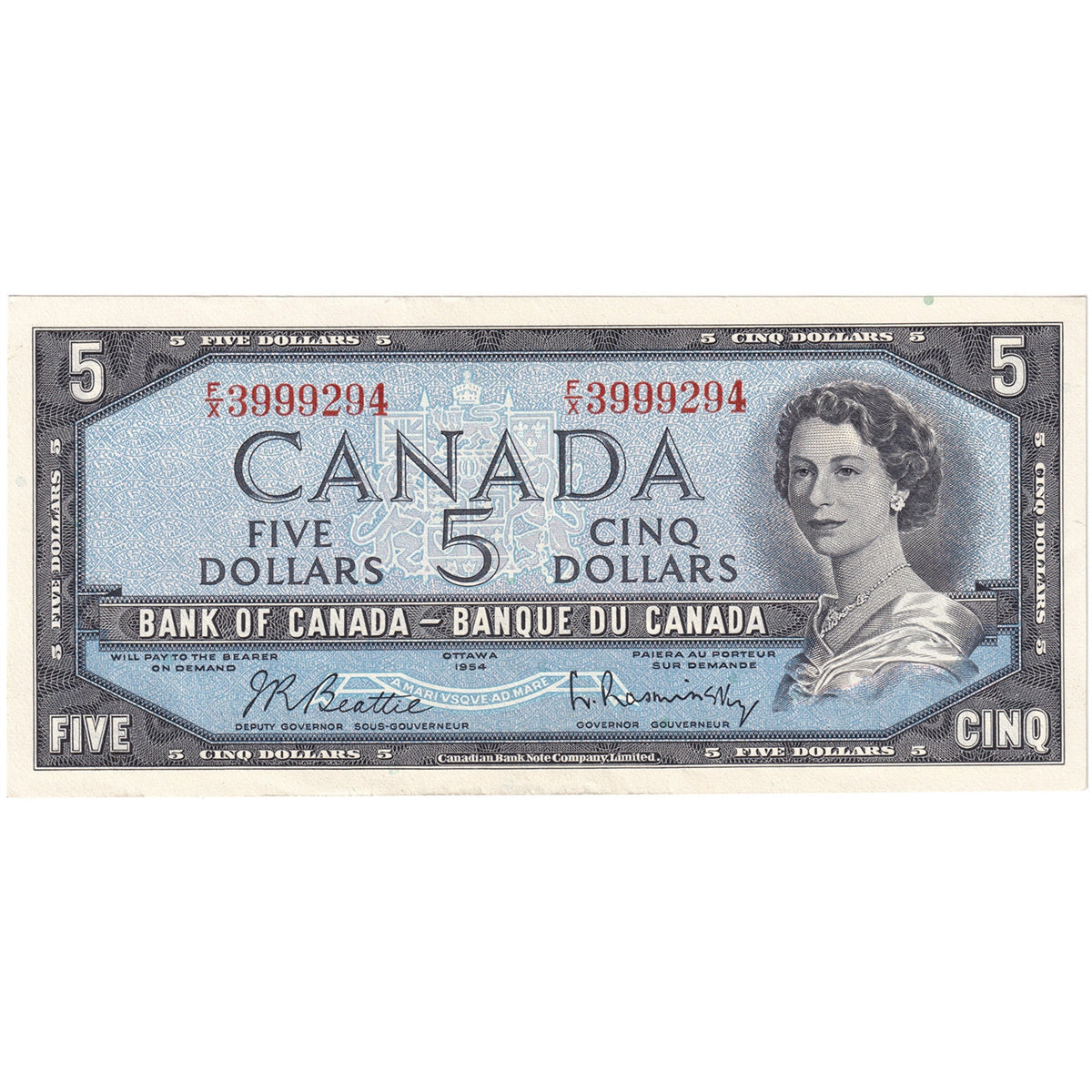 BC-39b 1954 Canada $5 Beattie-Rasminsky, F/X, AU-UNC (AU55)