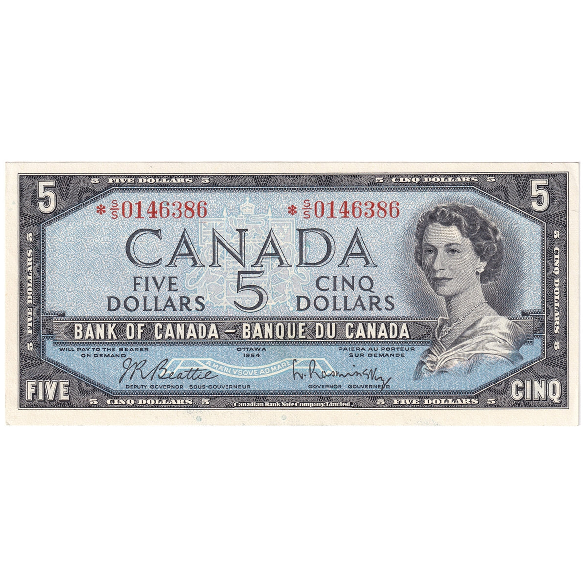 BC-39bA 1954 Canada $5 Beattie-Rasminsky, *S/S, AU-UNC (AU55)