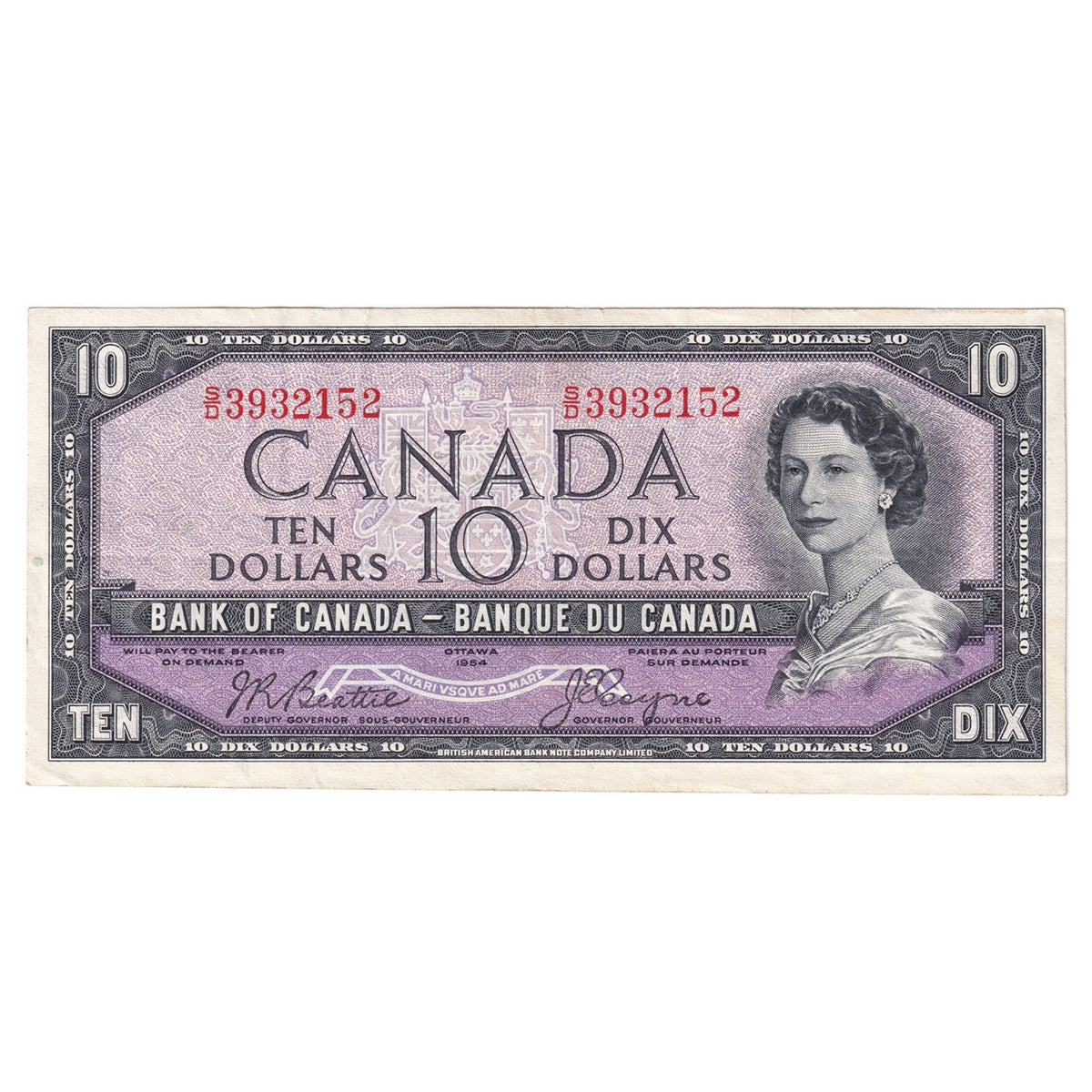 BC-40a 1954 Canada $10 Beattie-Coyne, S/D, VF-EF (VF30)