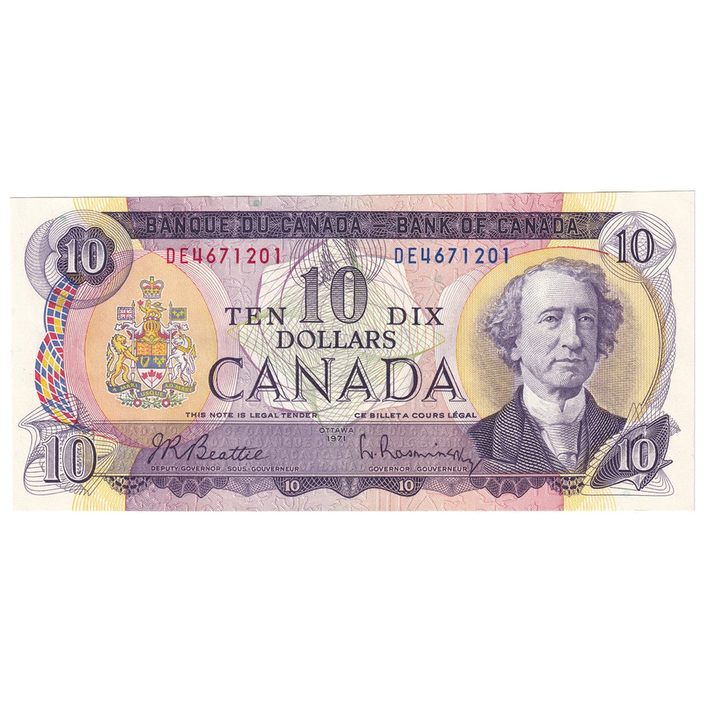BC-49a 1971 Canada $10 Beattie-Rasminsky, DE, Almost Uncirculated (AU50)