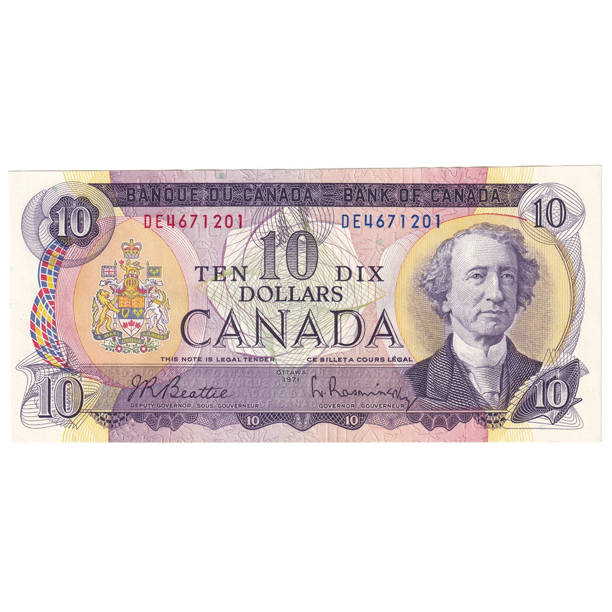 BC-49a 1971 Canada $10 Beattie-Rasminsky, DE, Almost Uncirculated (AU50)