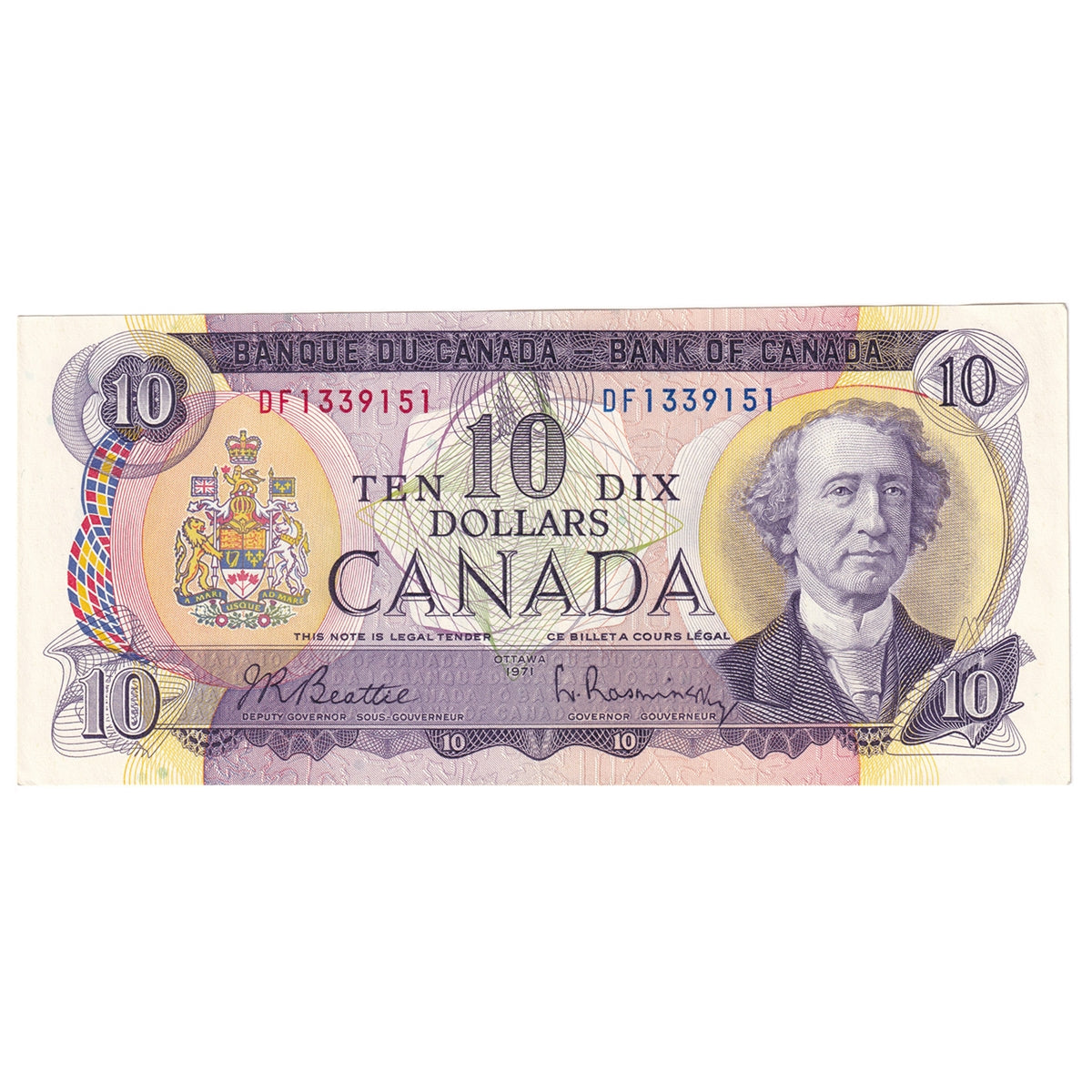 BC-49a 1971 Canada $10 Beattie-Rasminsky, DF, AU-UNC (AU55)