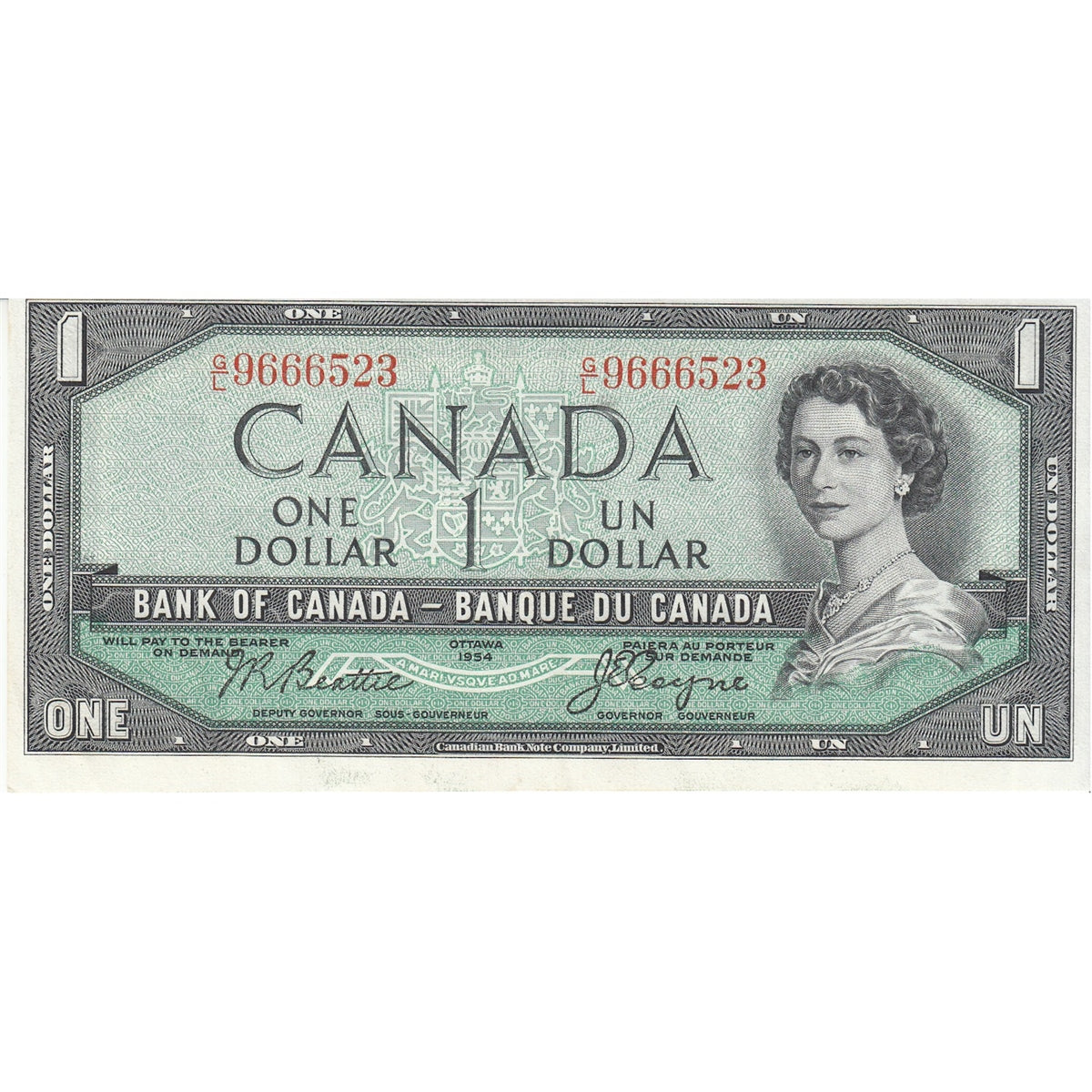 BC-37a 1954 Canada $1 Beattie-Coyne, G/L, EF-AU (EF45)