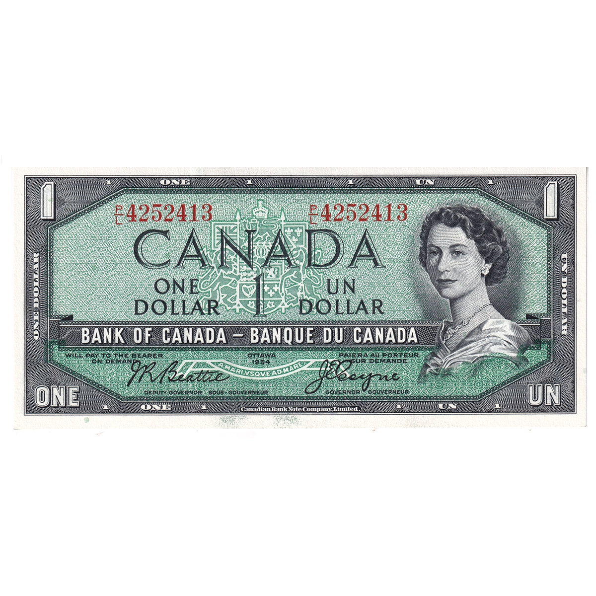BC-37a 1954 Canada $1 Beattie-Coyne, P/L, AU-UNC (AU55)