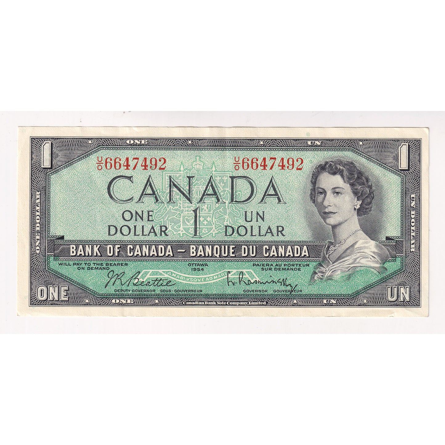 BC-37b 1954 Canada $1 Beattie-Rasminsky, U/O, EF-AU (EF45)