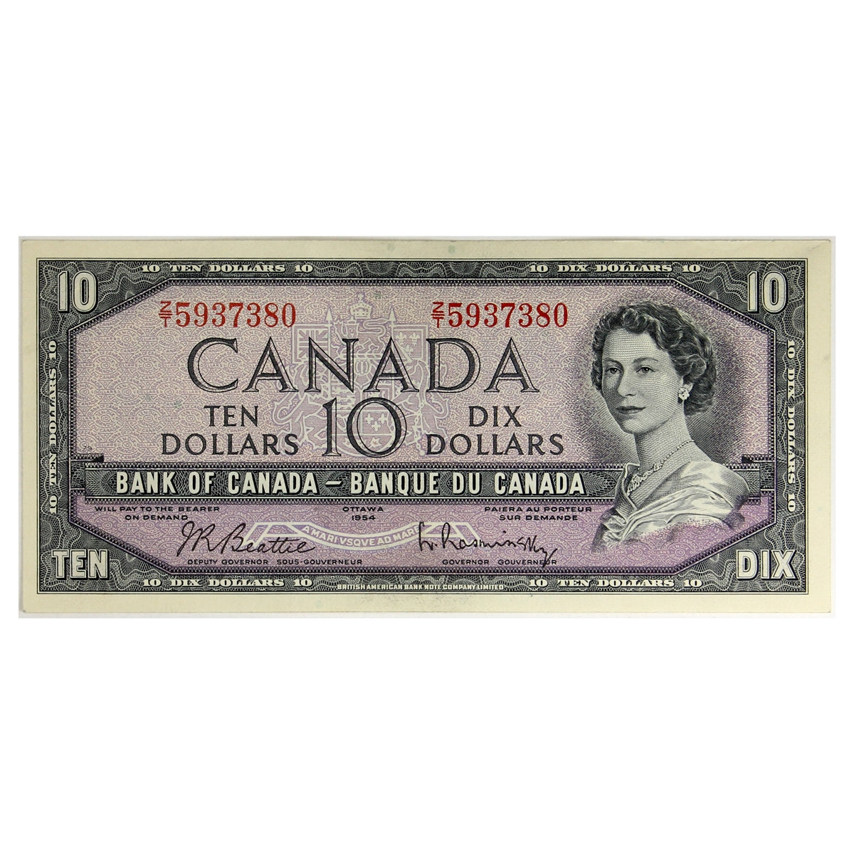 BC-40b 1954 Canada $10 Beattie-Rasminsky, Z/T, Extra Fine (EF40)